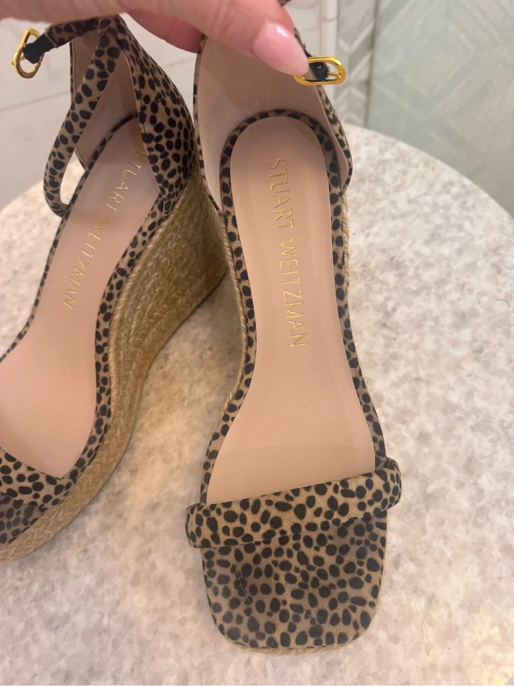 Stuart Weitzman Leopard Print Espadrille Wedge Sandals - Tan/Black
